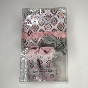 Pink & Gray Baby Gift Booties and Hat Set New